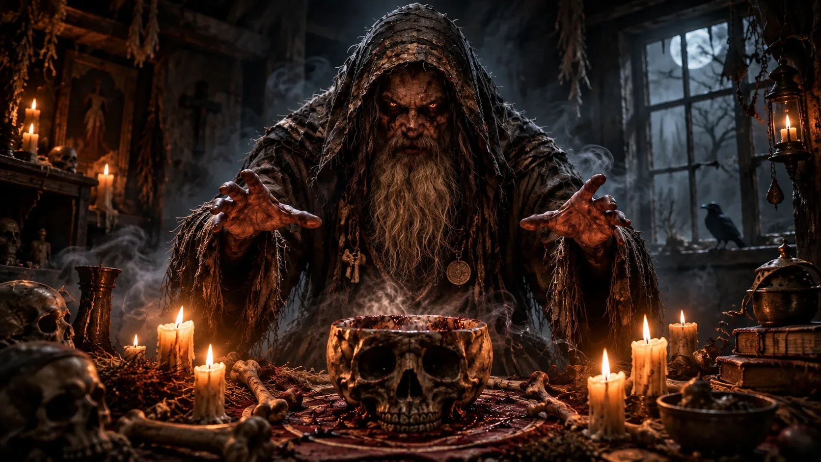 Ambientación de El Ermitaño: figura encapuchada entre velas