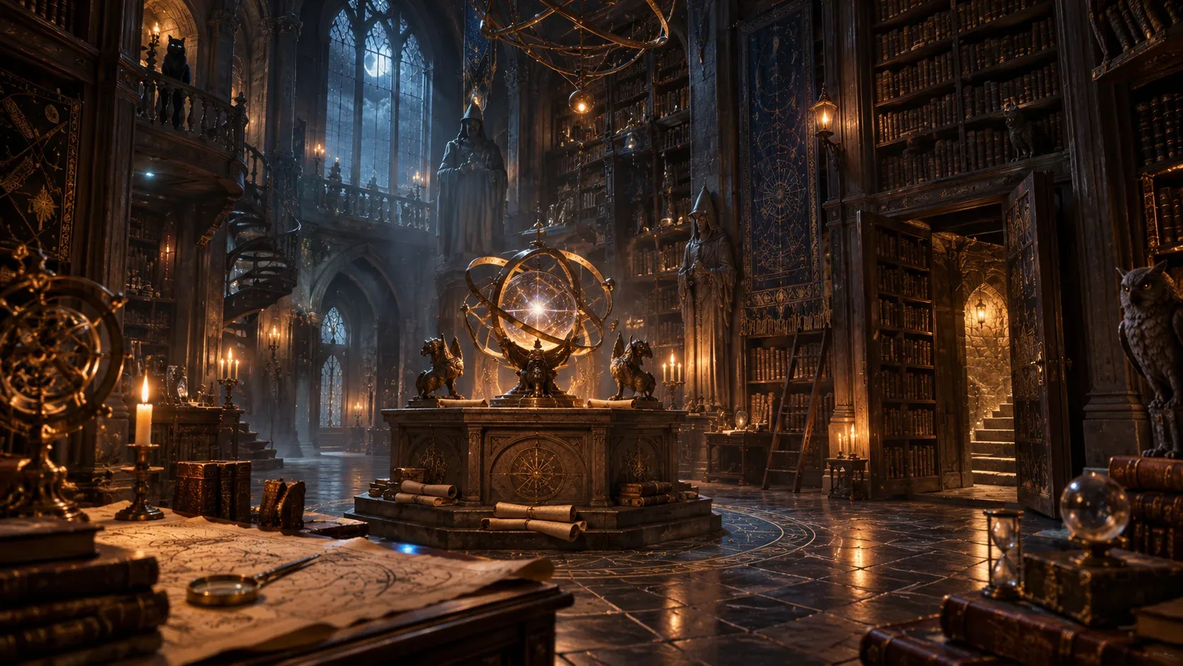 Ambientación de Escuela de Magos: biblioteca con un instrumento astronómico dorado