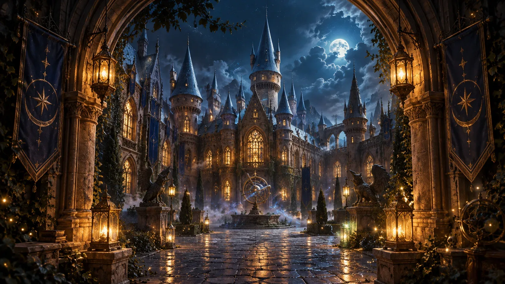 Ambientación de Escuela de Magos: patio de un castillo iluminado por faroles