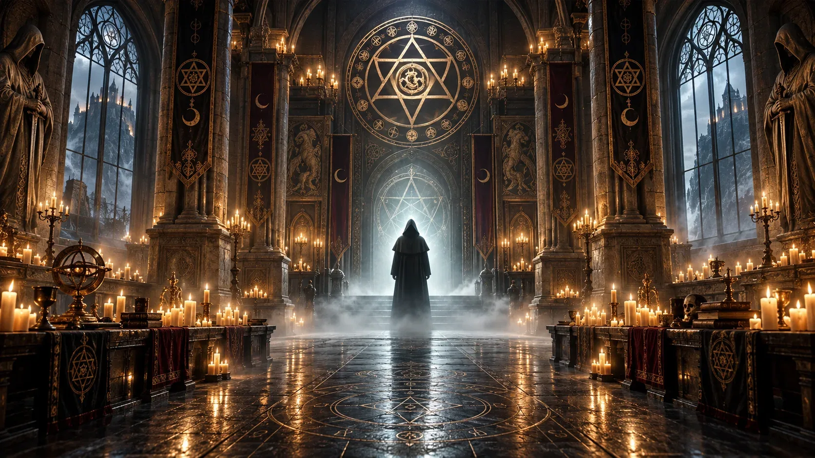 Ambientación de la Hermandad de las Sombras: salón con símbolos y velas