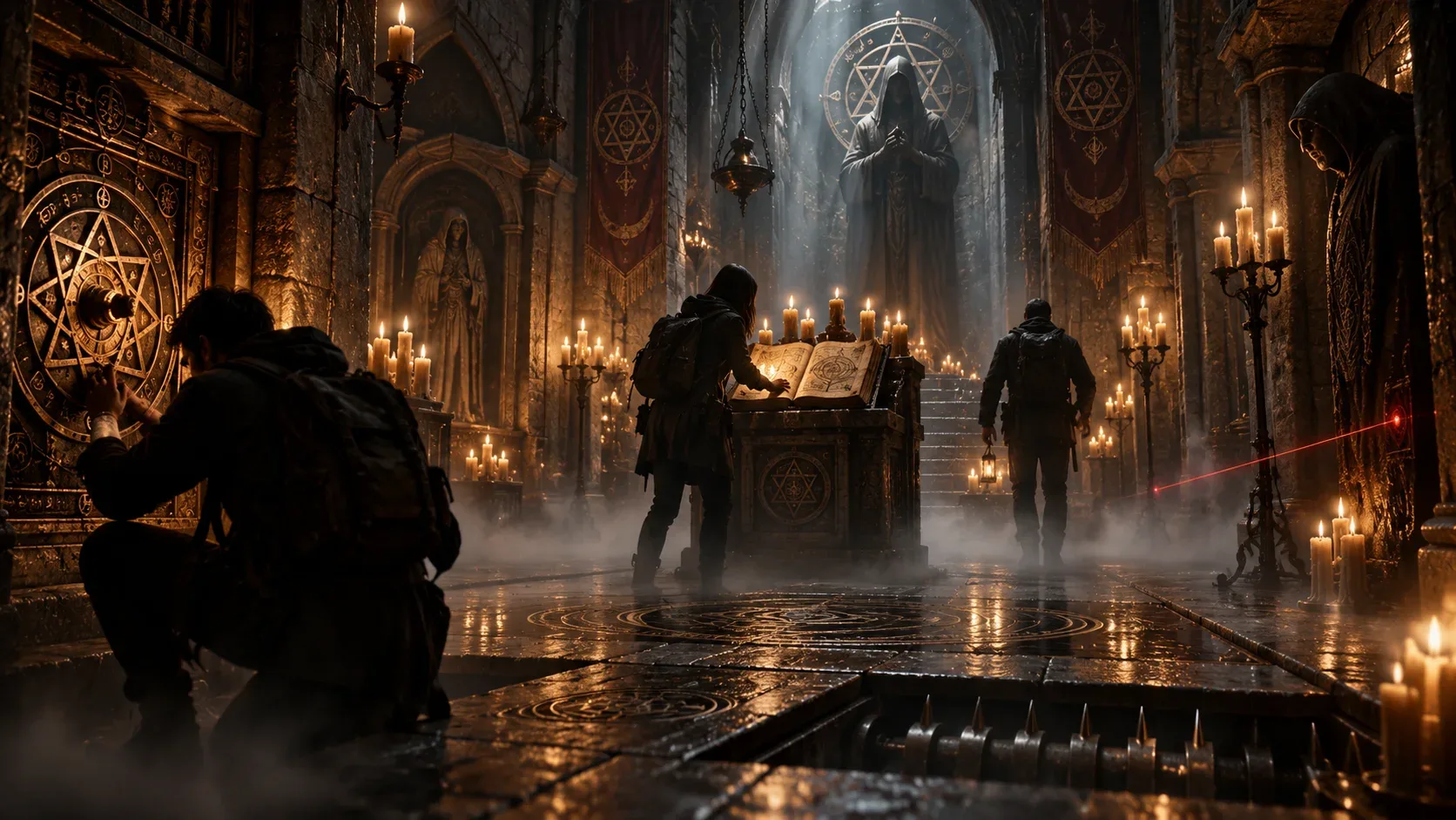 Ambientación de la Hermandad de las Sombras: figuras en un salón de rituales