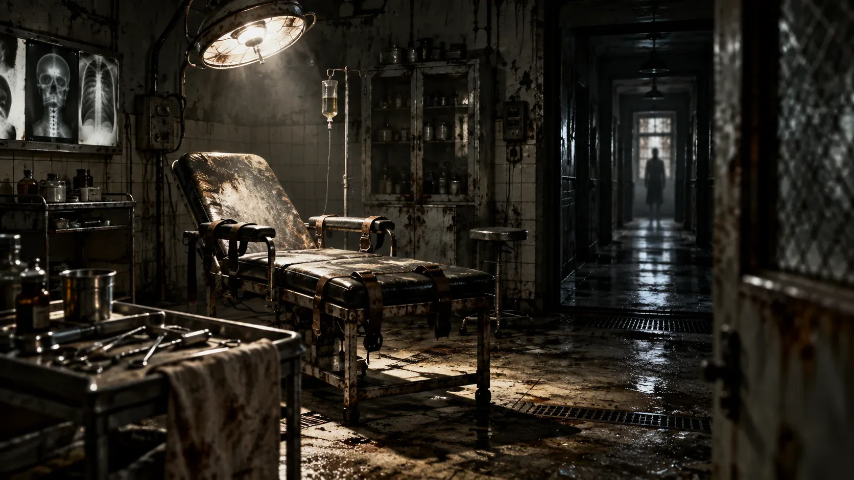 Ambientación de Los Inocentes: sala de tratamiento y pasillo oscuro