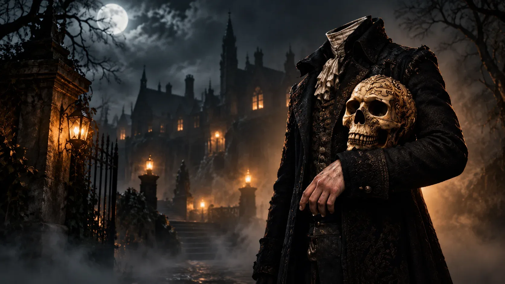 Ambientación de Sleepy Hollow: figura misteriosa en una aldea gótica